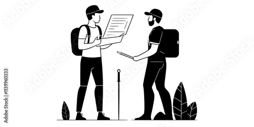 Person reviewing height and safety regulations with a guide before a bungee jump, Vector Graphic