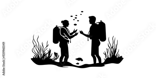 Person reviewing underwater hand signals with a dive instructor before entering the water, Vector Graphic