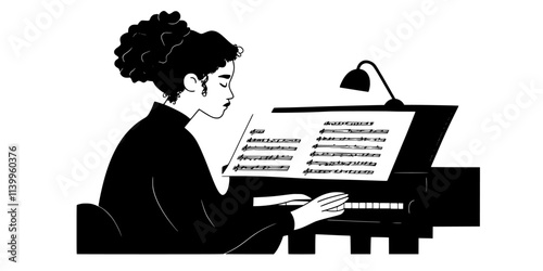 Person reviewing sheet music while preparing for a classical music recording, Vector Graphic