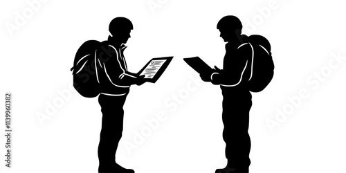Person reviewing safety procedures with an instructor before starting the skydiving session, Vector Graphic