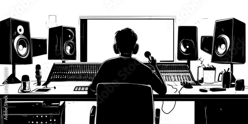 Person setting up microphones on a desk for recording vocals, Vector Graphic