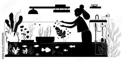 Person setting up lighting to support the environment inside a saltwater tank, Vector Graphic