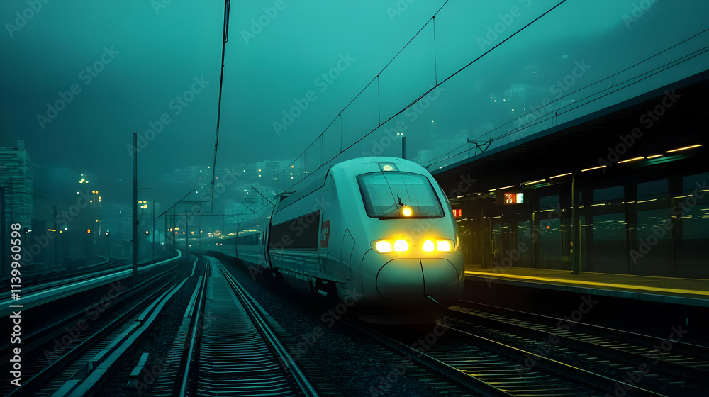 Fototapeta premium Night Train Illustration: Cityscape Railway Journey