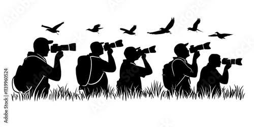 Photographers adjusting exposure settings for changing light conditions while birdwatching, Vector Graphic