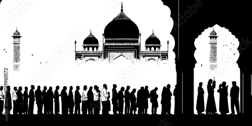Pilgrims standing in line to offer prayers at a major religious shrine, Vector Graphic