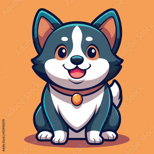 Cute chubby cartoon dog character black and white coloured sitting straight on orange background