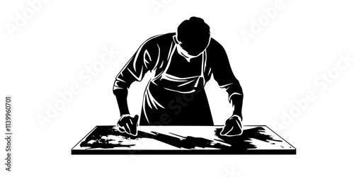 Printmaker preparing a stone surface for lithography by sketching with grease, Vector Graphic