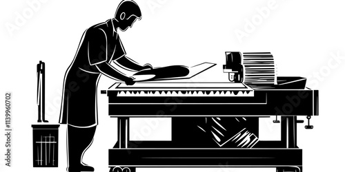 Printmaker pressing the inked plate against paper using a printing press, Vector Graphic