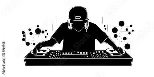 Producer experimenting with different sounds while creating hip-hop music, Vector Graphic