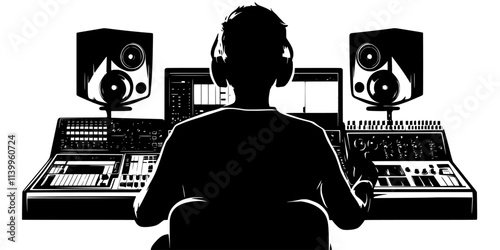 Producer mixing rock tracks using analog equipment in a professional studio, Vector Graphic