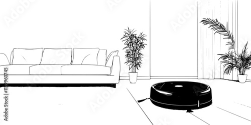 Robotic floor cleaner following a preset path along the baseboards of a living room, Vector Graphic
