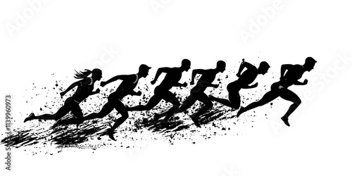 Runners practicing explosive starts from the track starting line, Vector Graphic