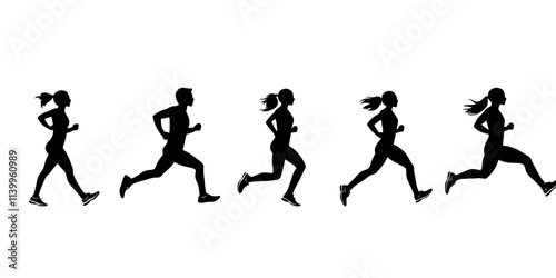 Runners practicing different paces on a flat running track, Vector Graphic