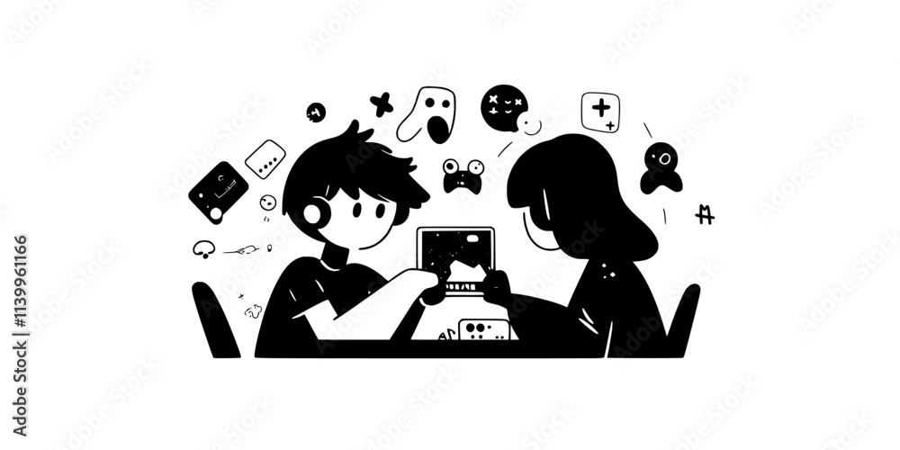 Someone managing multiple characters, adjusting their skills and equipment while exploring a game world, Vector Graphic Someone managing multiple characters, adjusting their skills and equipment while exploring a game world, Vector Graphic