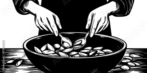 Soaked almonds being peeled for raw almond milk preparation, Vector Graphic
