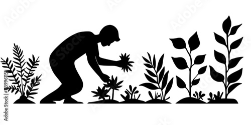 Someone clearing dead leaves from perennial plants growing in a shaded area, Vector Graphic