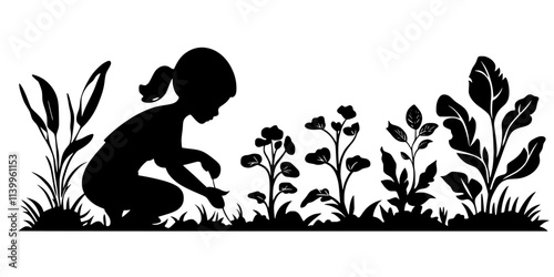 Someone digging small holes for planting vegetable seedlings in a backyard garden, Vector Graphic
