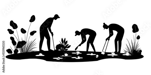 Team clearing debris from a garden pond while preparing for new features, Vector Graphic