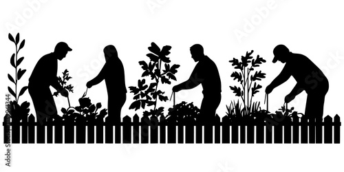 Team installing raised beds for growing vegetables in a residential yard, Vector Graphic