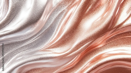 Close-up of swirling textures of metallic lip gloss in shades of rose gold, silver, and bronze.