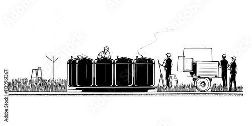 Team installing underground water storage tanks for collecting rainwater in a yard, Vector Graphic
