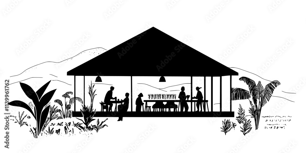 Obraz premium Travelers attending eco-workshops on organic farming while staying at a sustainable resort, Vector Graphic