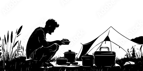 Traveler preparing a lightweight meal using dehydrated food while sitting near a campsite, Vector Graphic