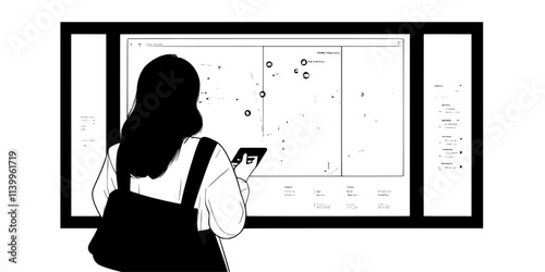 Traveler studying a public transportation map to find affordable routes to tourist attractions, Vector Graphic