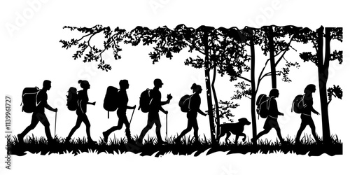 Travelers attending guided nature walks while staying at a forest retreat, Vector Graphic