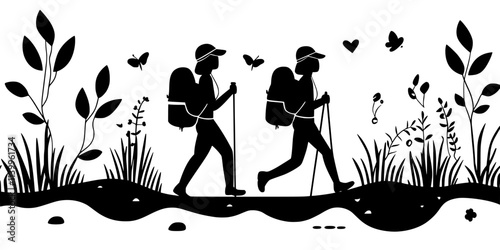 Travelers hiking through quiet woods during a retreat aimed at reconnecting with nature, Vector Graphic