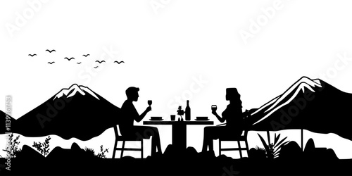 Travelers attending a farm-to-table dinner at an eco-resort focused on local sourcing, Vector Graphic