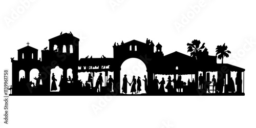 Travelers entering a centuries-old marketplace as part of a heritage city tour, Vector Graphic