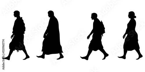 Travelers walking barefoot through a religious site as part of a pilgrimage, Vector Graphic