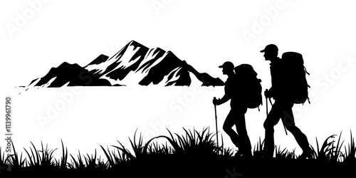 Two backpackers trekking through an open plain with no visible trail, Vector Graphic