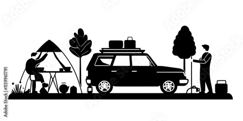 Two campers organizing their equipment around a car parked at a campsite, Vector Graphic