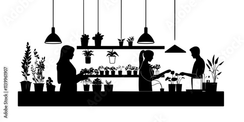 Two individuals maintaining plants in a hydroponic system in a living room, Vector Graphic