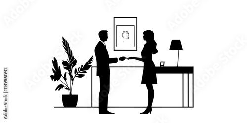 Two individuals negotiating the price of a vintage pendant in a well-lit shop, Vector Graphic