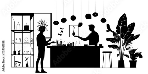 Two individuals negotiating the price of a vintage pendant in a well-lit shop, Vector Graphic