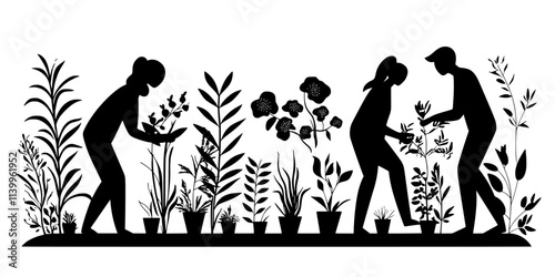 Two people arranging different perennial plants in rows along a garden walkway, Vector Graphic