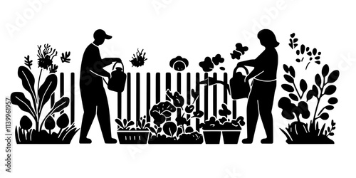 Two individuals watering vegetable plants growing in a garden next to a wooden fence, Vector Graphic