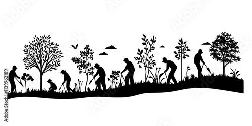 Volunteers planting trees in a reforestation area during a conservation project, Vector Graphic