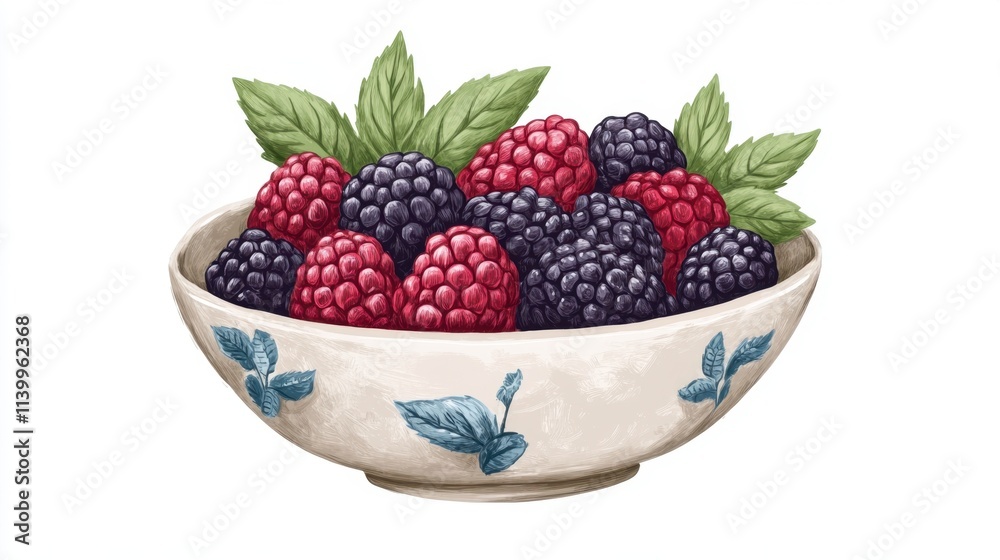Fresh blackberries and raspberries in a bowl with mint leaves for a clean and simple design Fresh blackberries and raspberries in a bowl with mint leaves for a clean and simple design