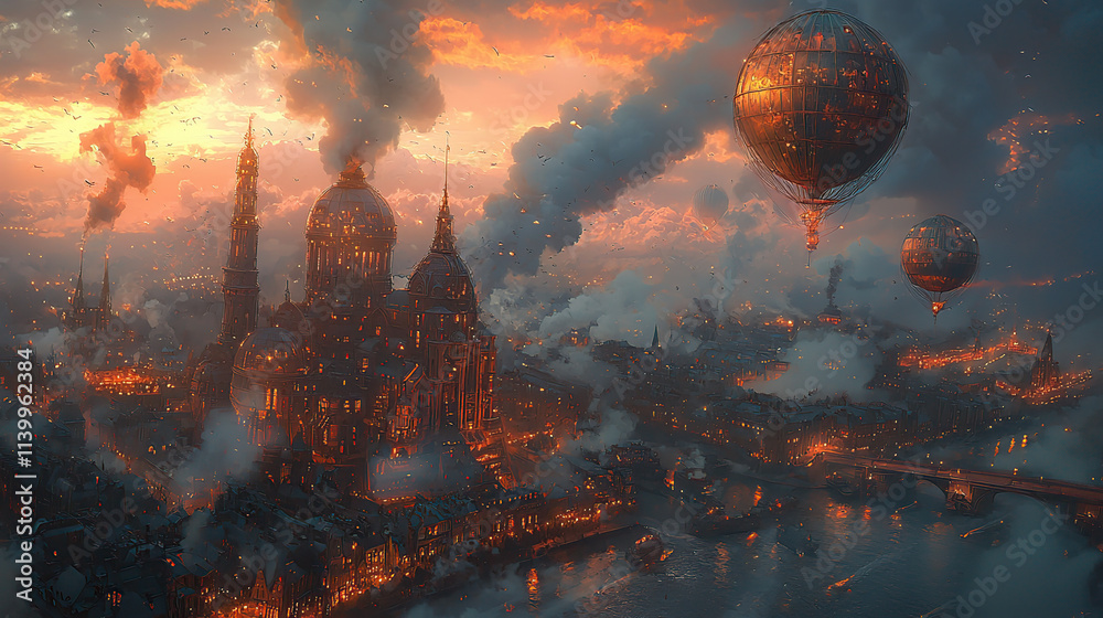 Fototapeta premium steampunk city, gears, cogs, airships, smokestacks, clock towers, brass, Victorian, machinery, retro-futuristic, industrial, metal, steam power, cobblestone streets, pipes, factories, victorian archit