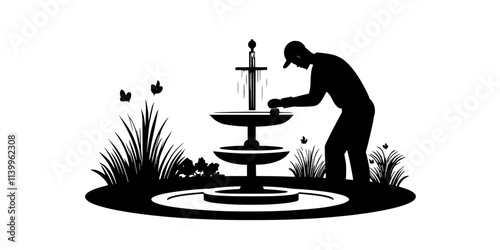 Worker installing a fountain feature in a garden corner next to the patio area, Vector Graphic