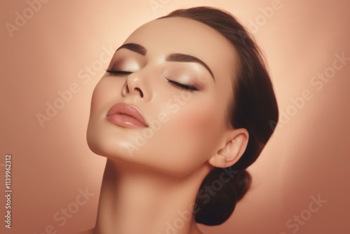 Beauty portrait of model showing perfect skin and makeup, posing with closed eyes