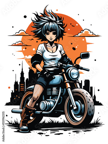 A vibrant vintage anime girl with chaotic, vibrant punk hairstyle, sitting with a pensive expression.  Detailed clothing and background.