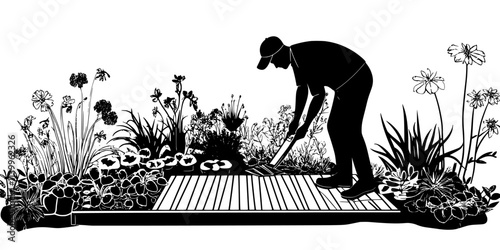 Worker installing wooden planks to form a boardwalk path through a garden, Vector Graphic
