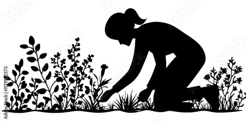 Worker planting native groundcover species to replace grass in a garden area, Vector Graphic