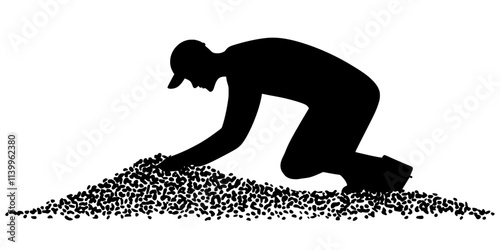 Worker placing gravel to form a decorative area in a backyard, Vector Graphic