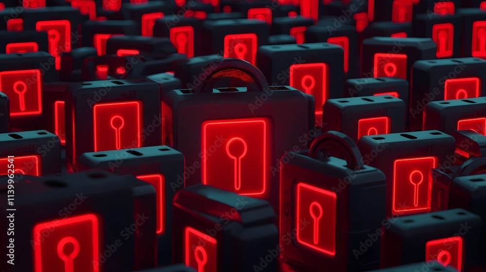 Fototapeta premium A futuristic scene featuring numerous glowing red lockboxes, symbolizing security, encryption, and protection in a digital landscape.